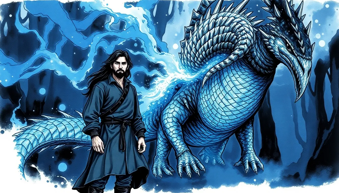 Alaric rencontre le dernier dragon Eldrith dans une forêt mystérieuse au crépuscule