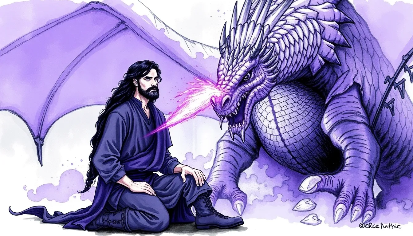 Alaric recevant le souffle violet d'Eldrith, le dernier dragon
