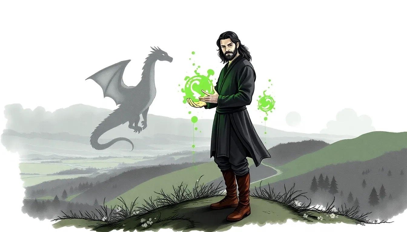 Alaric, maître du souffle du dragon, tenant un symbole lumineux devant une vallée paisible, Eldrith en arrière-plan.