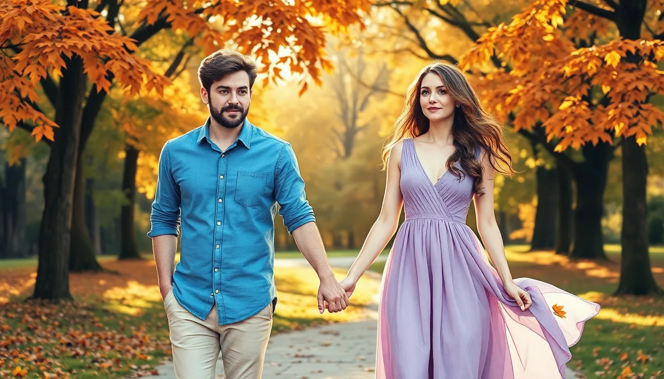 Alexandre et Éléonore marchant main dans la main dans un parc baigné par un soleil doré d'automne