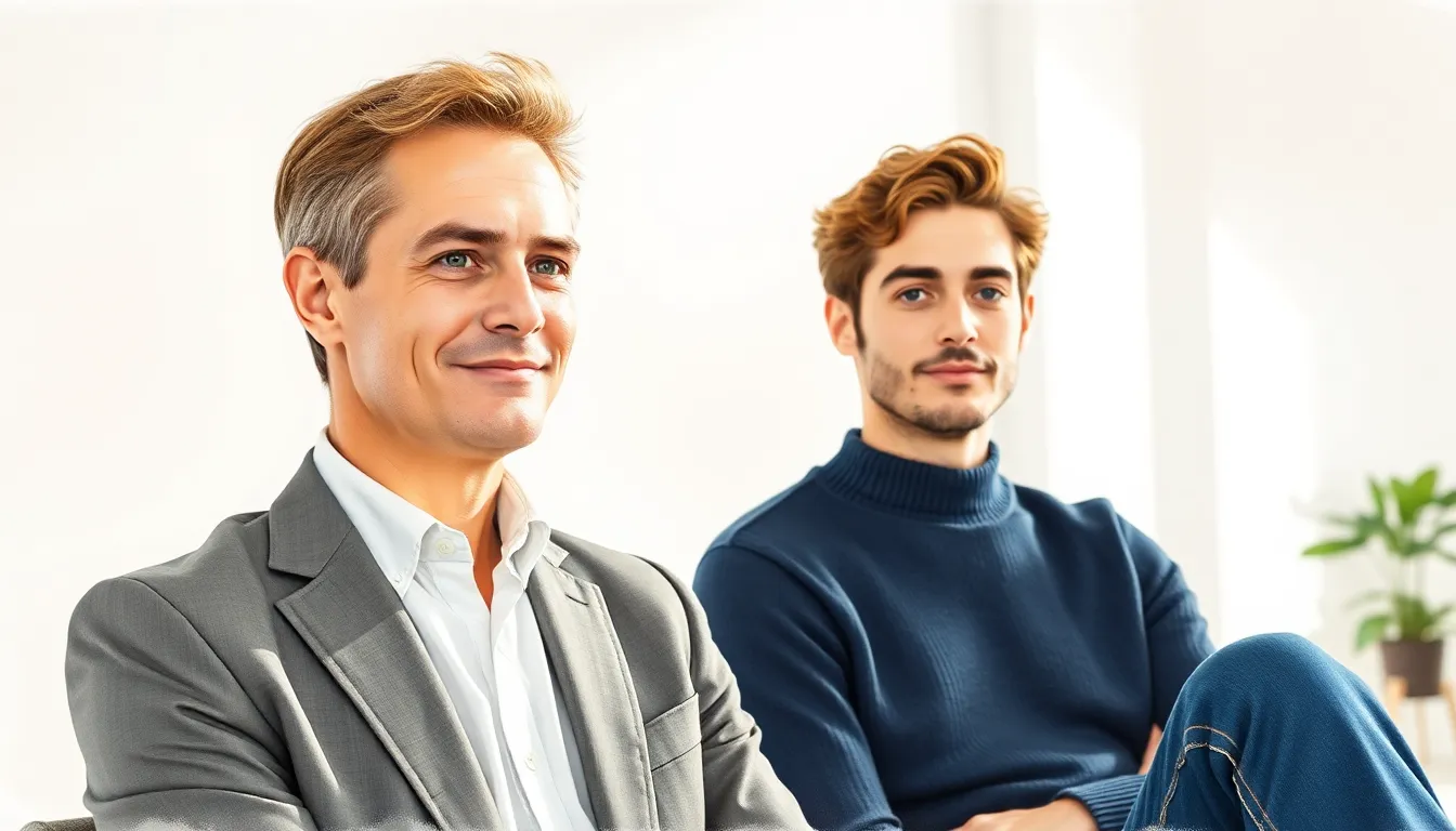Julien et Alexandre dans la lumière douce d'un cabinet de thérapie, symbole de paix intérieure