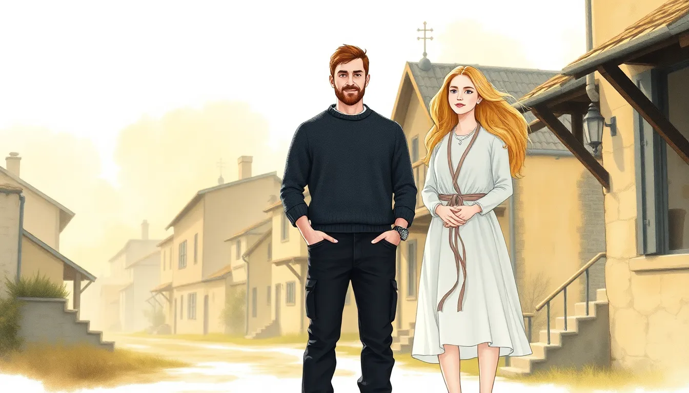 Illustration du village d'Ellors sous un soleil chaleureux avec Gabriel et Elise debout, entourés d'habitants paisibles