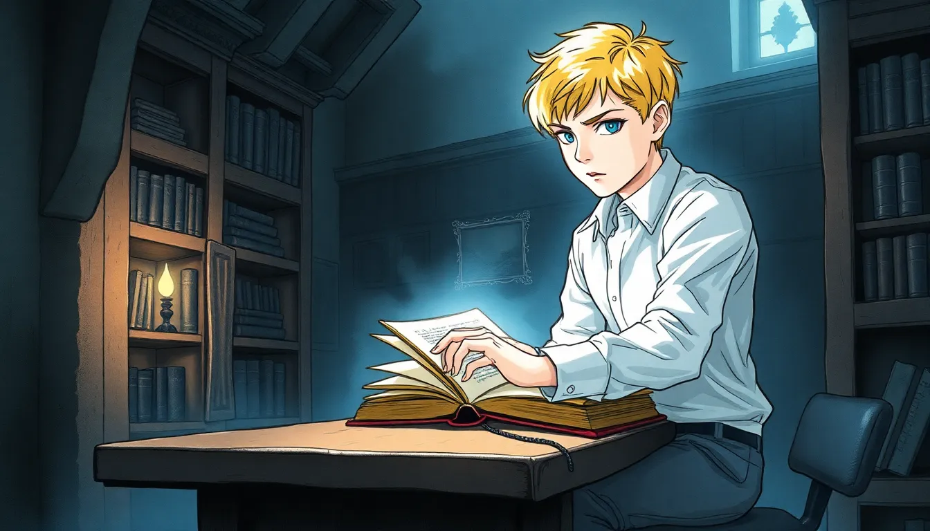 Elias découvre Le Livre des Ombres dans une bibliothèque secrète, ambiance mystérieuse