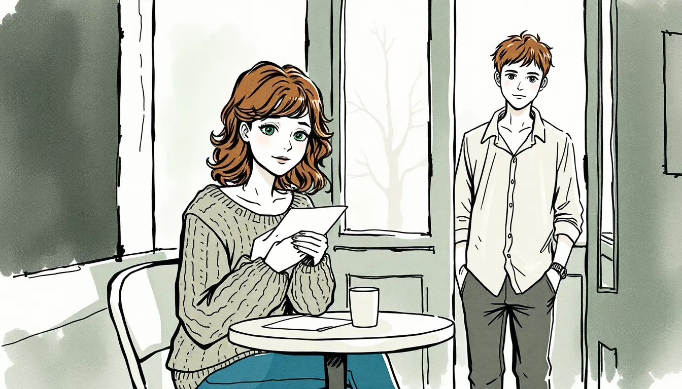 Emma déposant une lettre dans un café secret, Lucas arrivant curieux