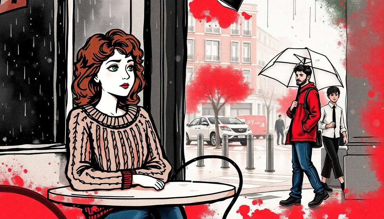 Emma au café, regard triste à travers la fenêtre un jour pluvieux, Lucas pensif sous son parapluie dans la rue