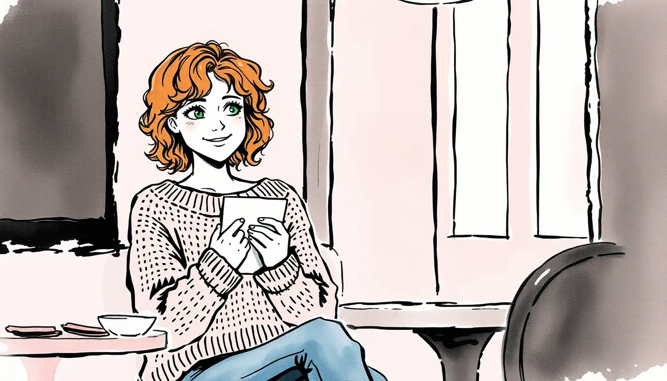 Emma tenant une lettre près de sa poitrine, sourire doux et espoir dans un café, Lucas nerveux dans un coin, regardant vers la porte chargé d'anticipation