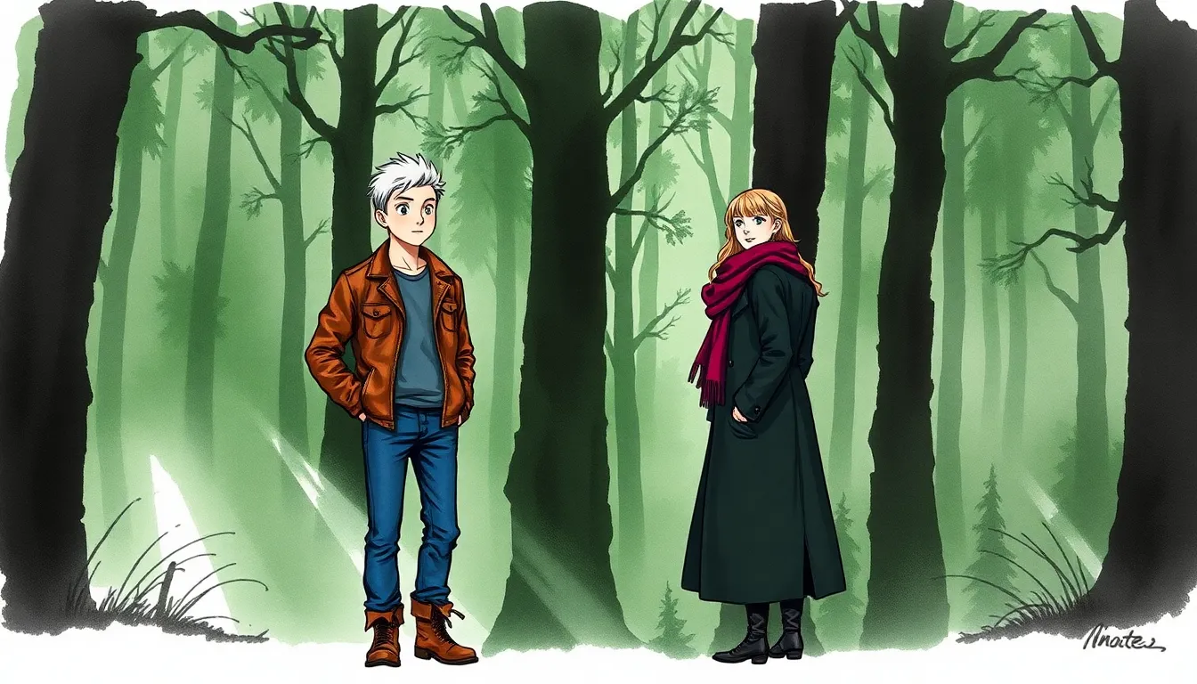 Lucas et Inès découvrent la forêt mystérieuse, ambiance mystique et lourde