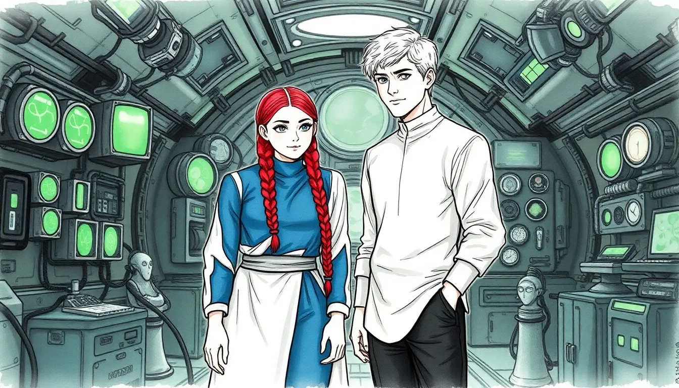Illustration d'Elias et Lyra dans la station spatiale Harmonia