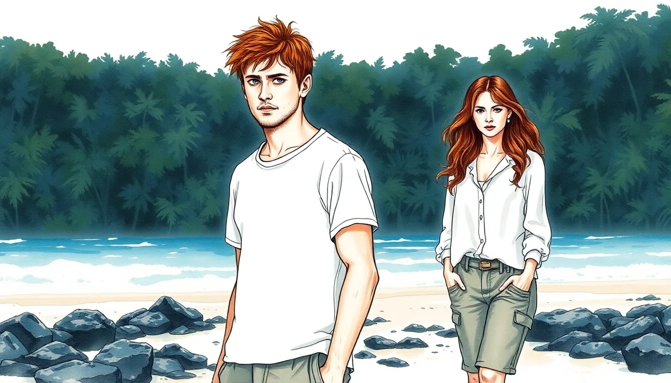Illustration du groupe de naufragés sur une île mystérieuse