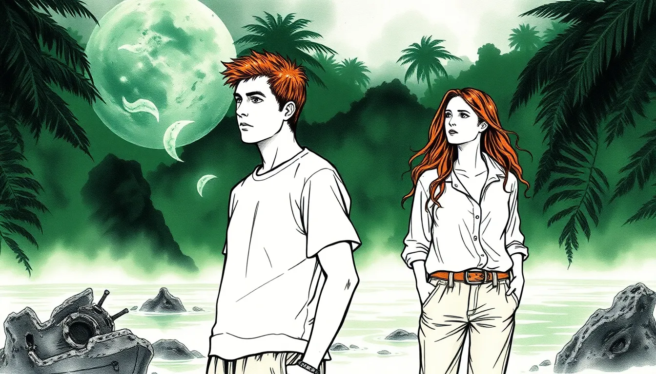 Illustration des naufragés sur une île mystérieuse, entre désir et mystère