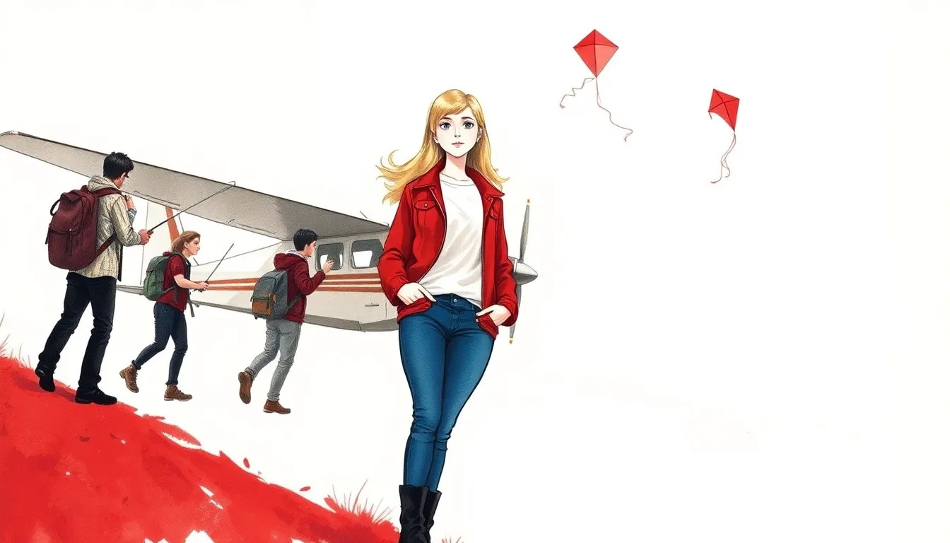 Illustration d'Élise au club aéronautique, confiante devant un petit avion