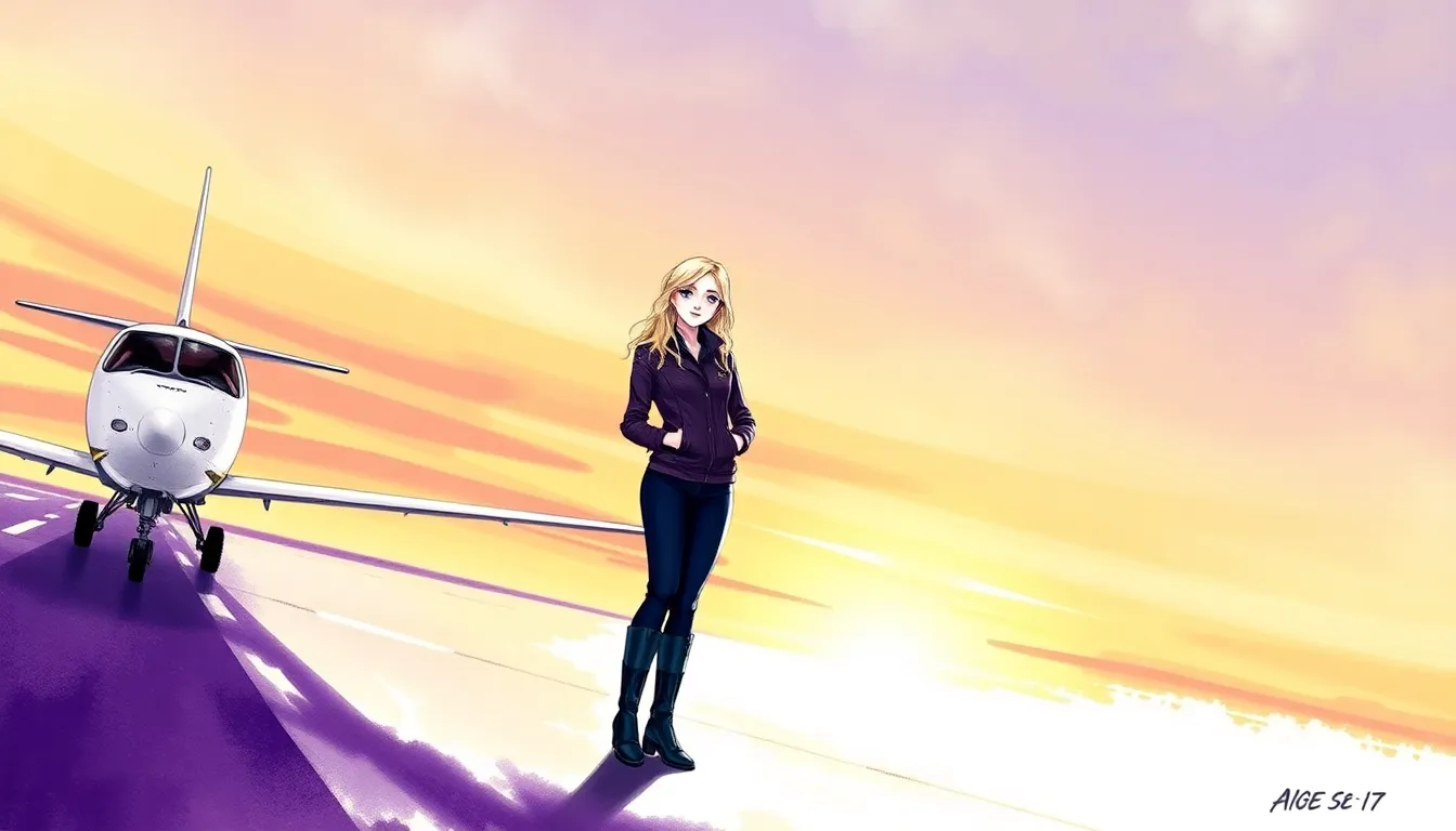 Élise debout sur une piste d'aviation au coucher du soleil, visage serein et déterminé, regardant vers l'horizon