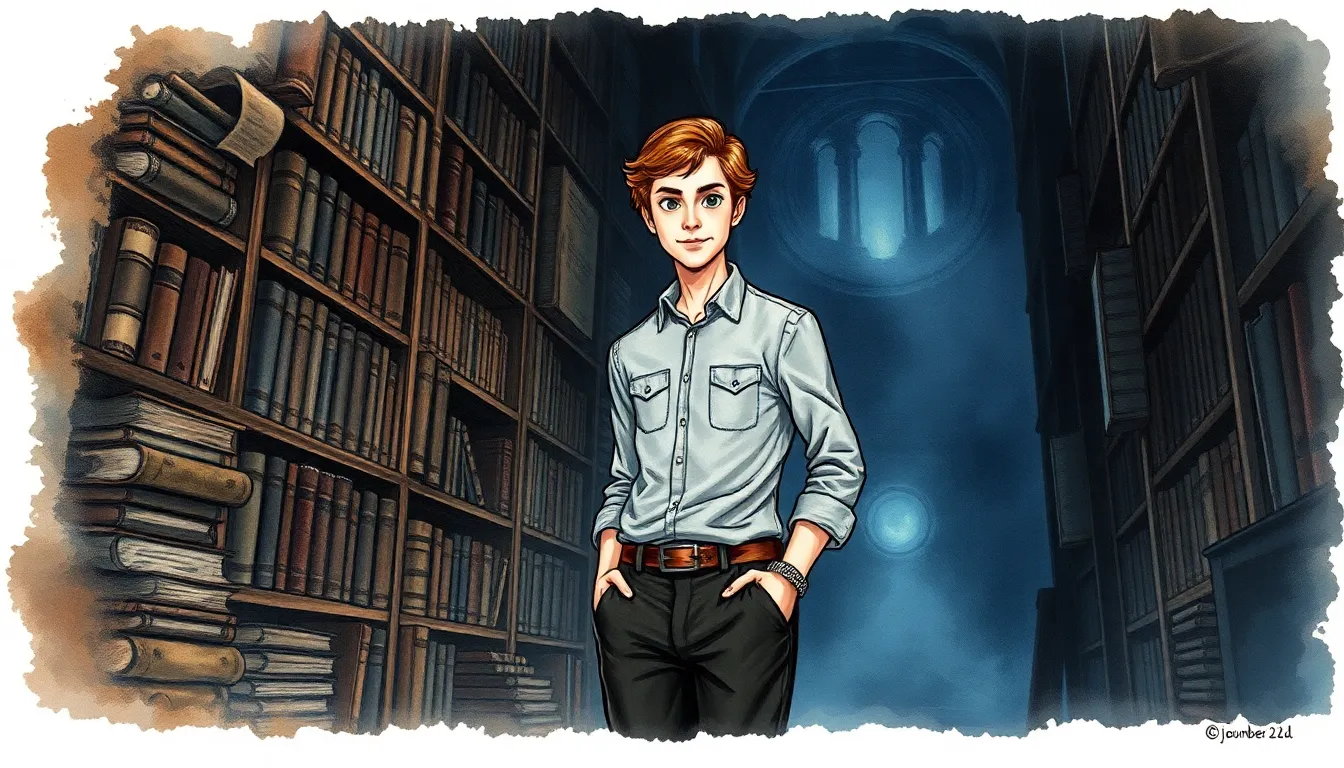 Illustration de la bibliothèque secrète mystérieuse et Léonard émerveillé