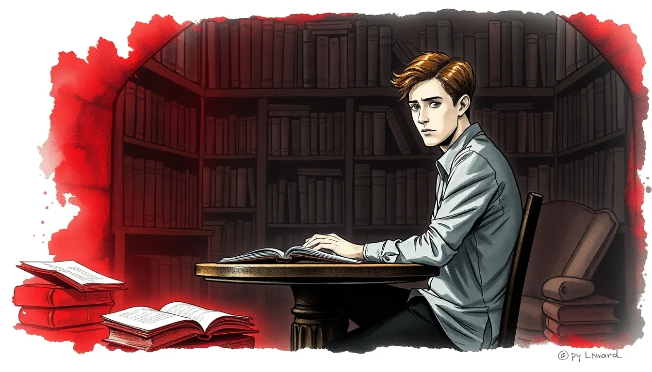 Illustration de Léonard méditant dans la bibliothèque secrète, entouré de livres anciens