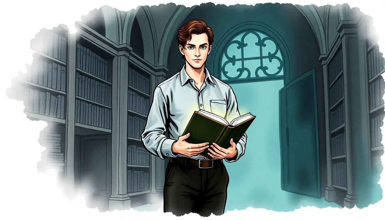 Illustration de Léonard dans la bibliothèque secrète, calme et résolu