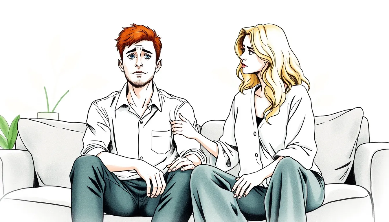 Illustration de Julien et Camille dans un salon intime, symbole de soutien émotionnel et résilience