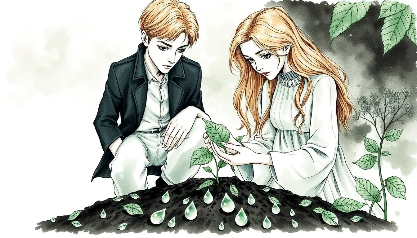 Adrien et Elise observant les gouttes mystérieuses sur les feuilles