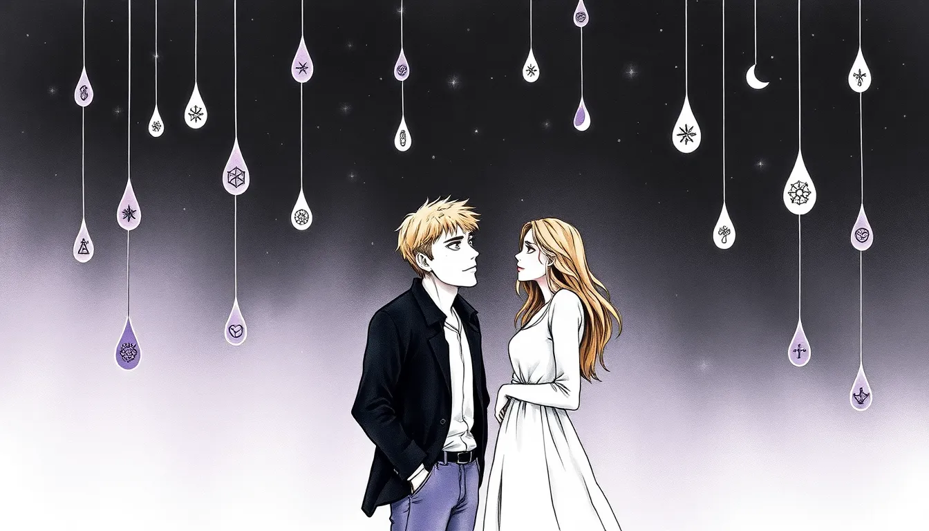 Adrien et Elise découvrant les émotions dans les larmes mystérieuses sous un ciel étoilé