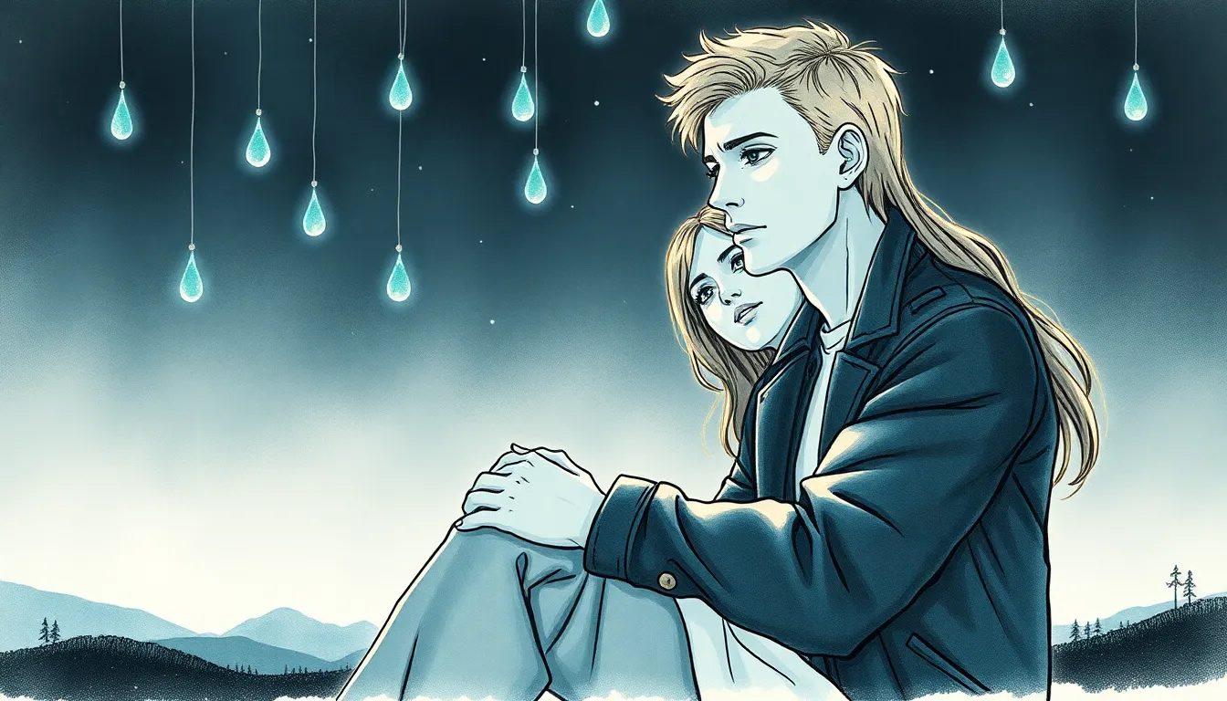Illustration d'Adrien et Elise contemplant les larmes mystérieuses dans la nuit