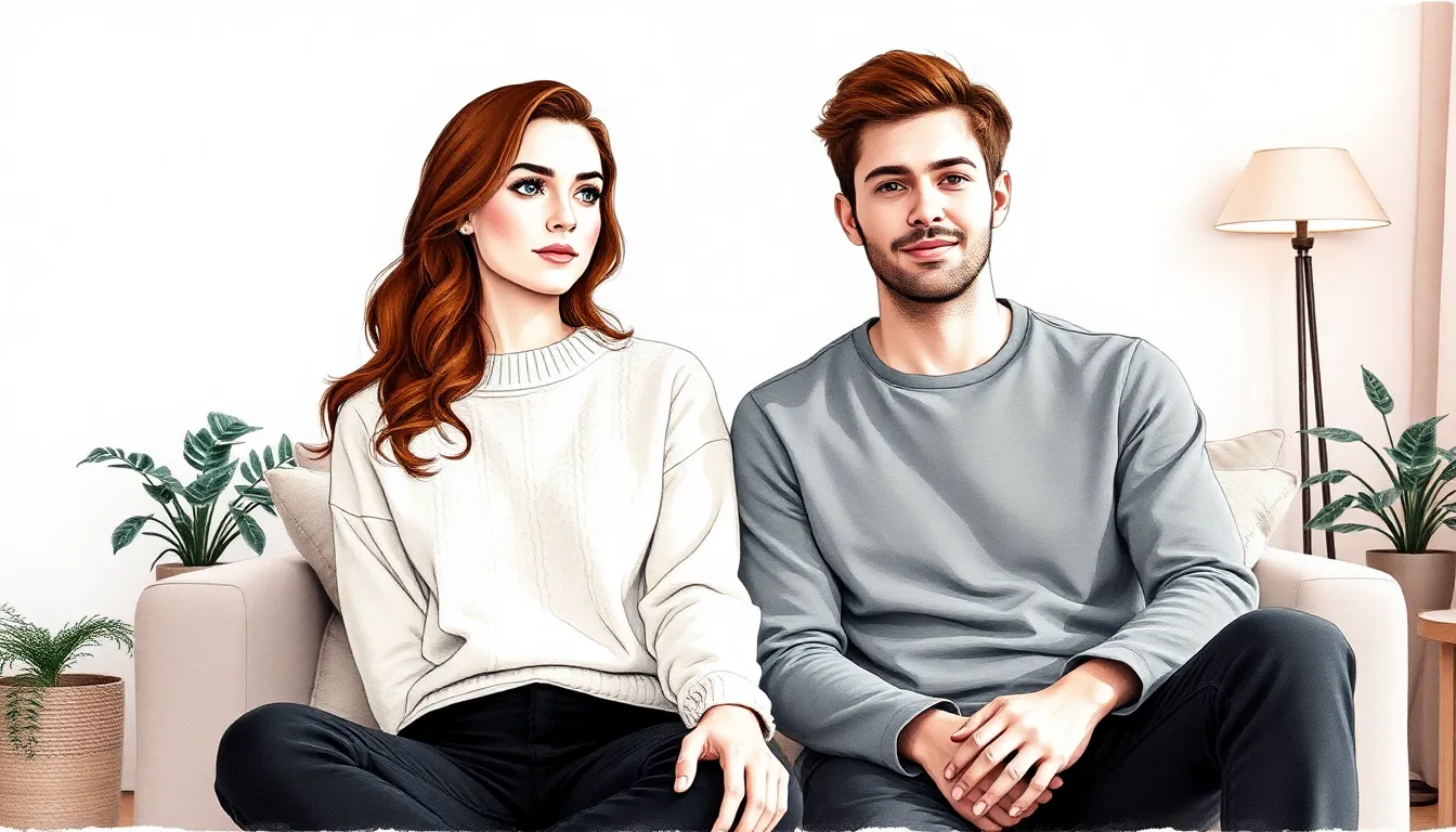 Emma et Julien engagés dans un dialogue profond et sincère, une lumière douce enveloppant leurs visages, symbole de pardon et d'espoir.
