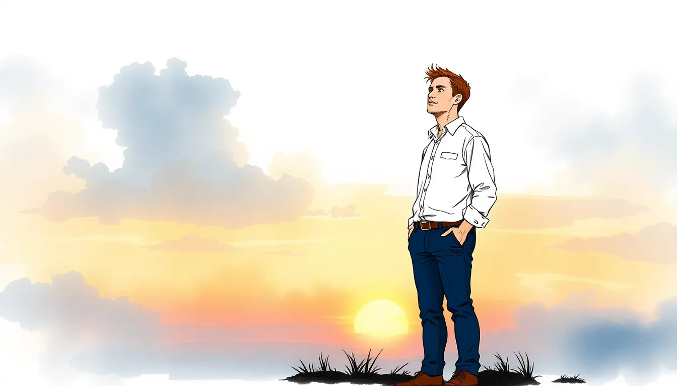 Thomas observant les nuages au coucher du soleil, empli d'émerveillement et d’introspection