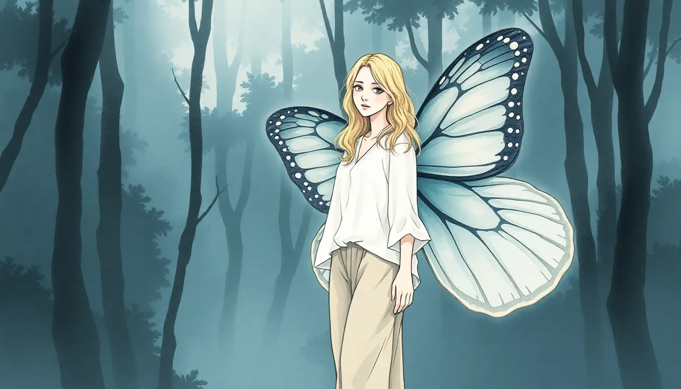 Alice éveillée dans un monde onirique, métamorphosée en papillon aux ailes chatoyantes