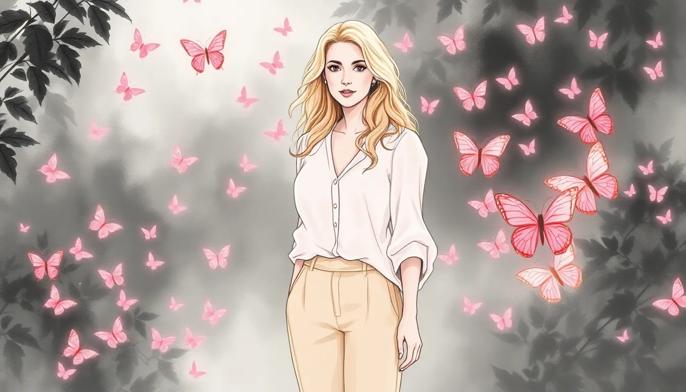 Alice dans un jardin lumineux entourée de papillons roses