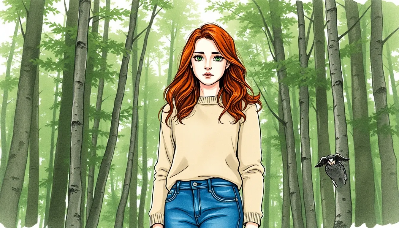 Élodie dans la forêt, entourée d'arbres murmurants, expression mêlée d'émerveillement et d'inquiétude