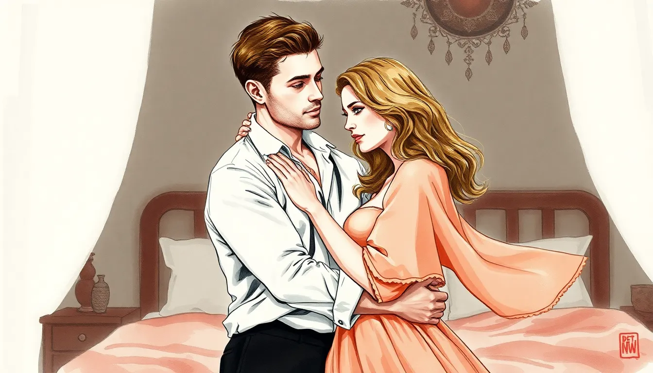 Alexandre et Claire dans une chambre tamisée s'étreignant passionnément