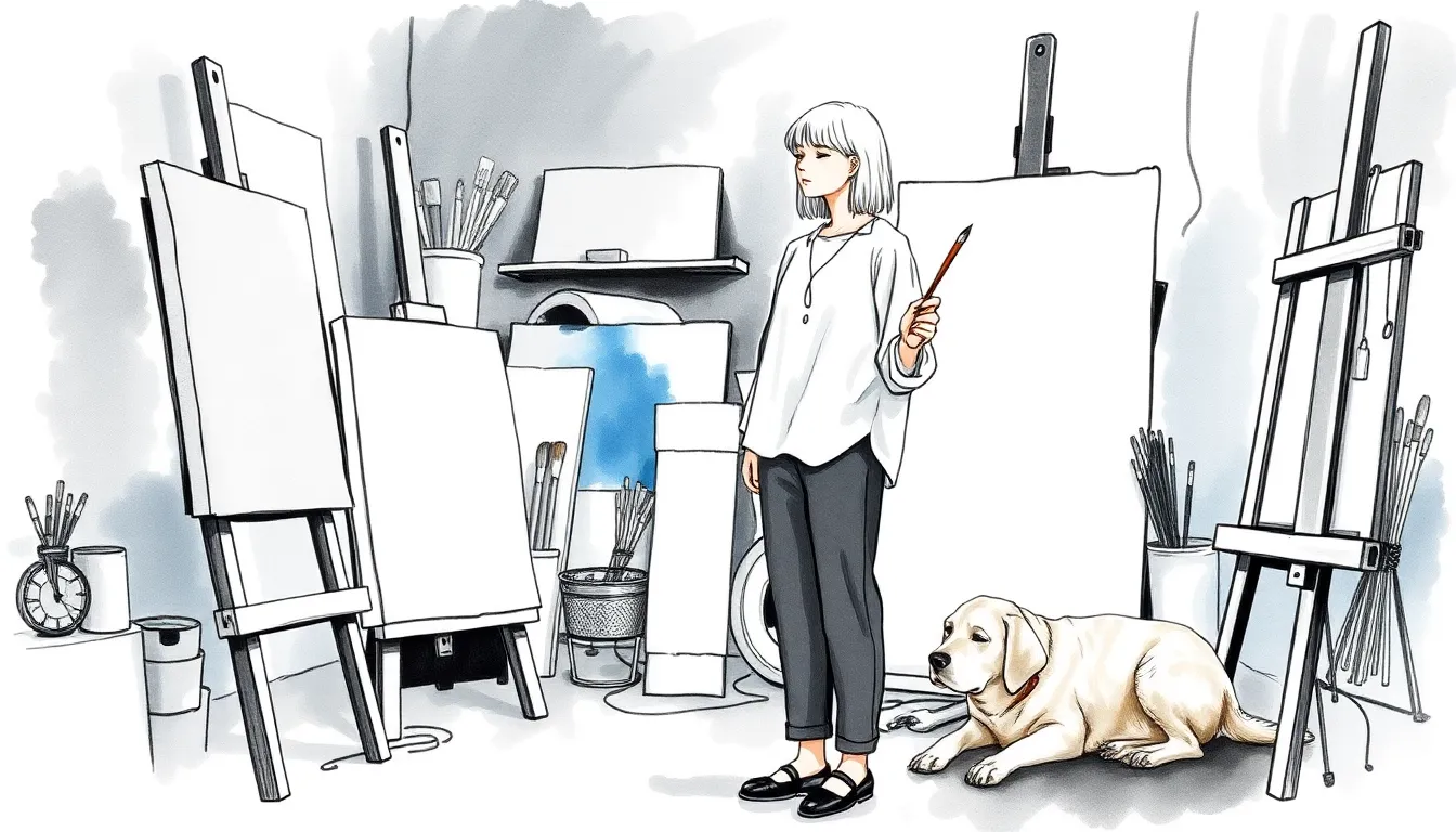Léa artiste aveugle méditant dans son atelier avec son chien guide Moka