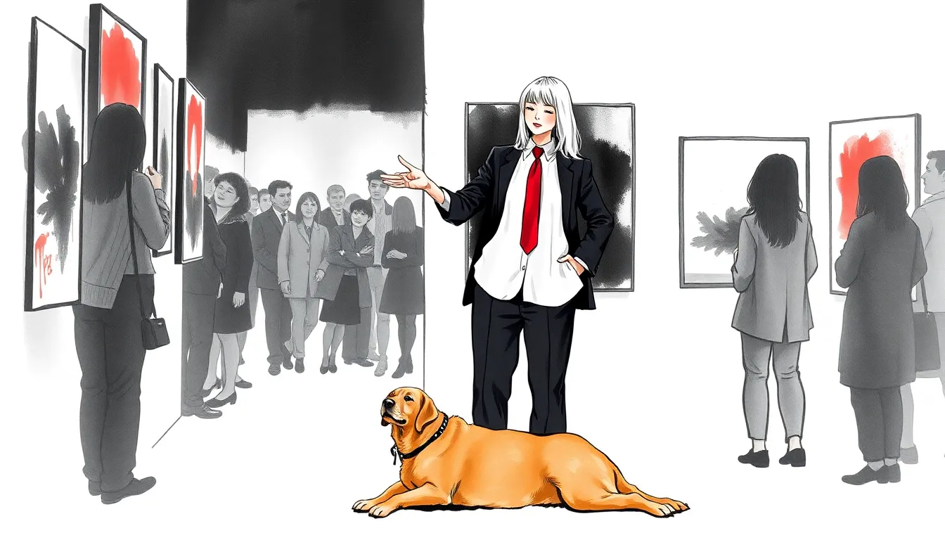 Léa présentant ses œuvres dans une galerie d'art, entourée de visiteurs et de Paul, le critique d'art.