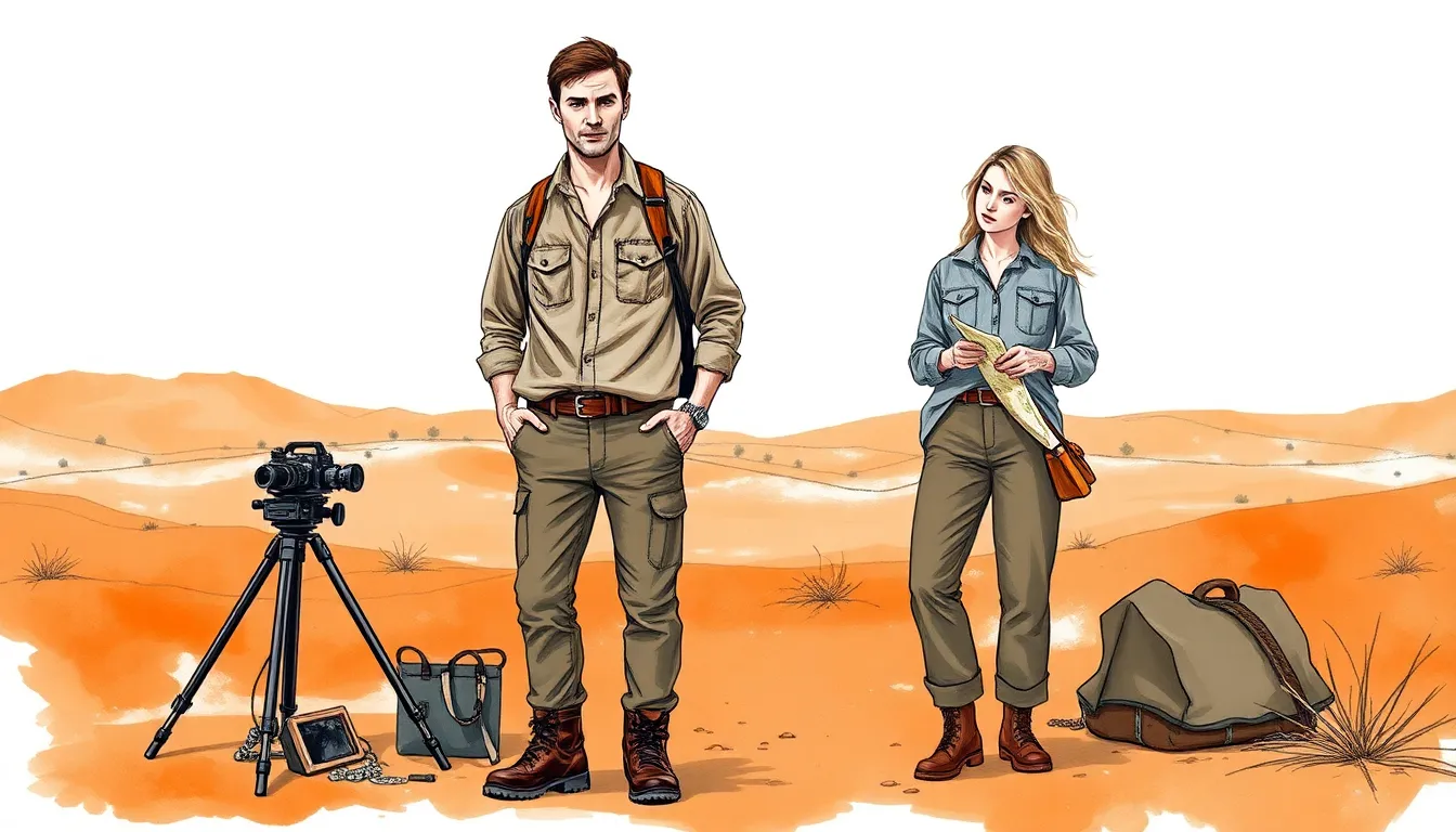 Campement désertique scientifique avec Antoine Morel et Claire Dumont observant les données satellites au soleil couchant