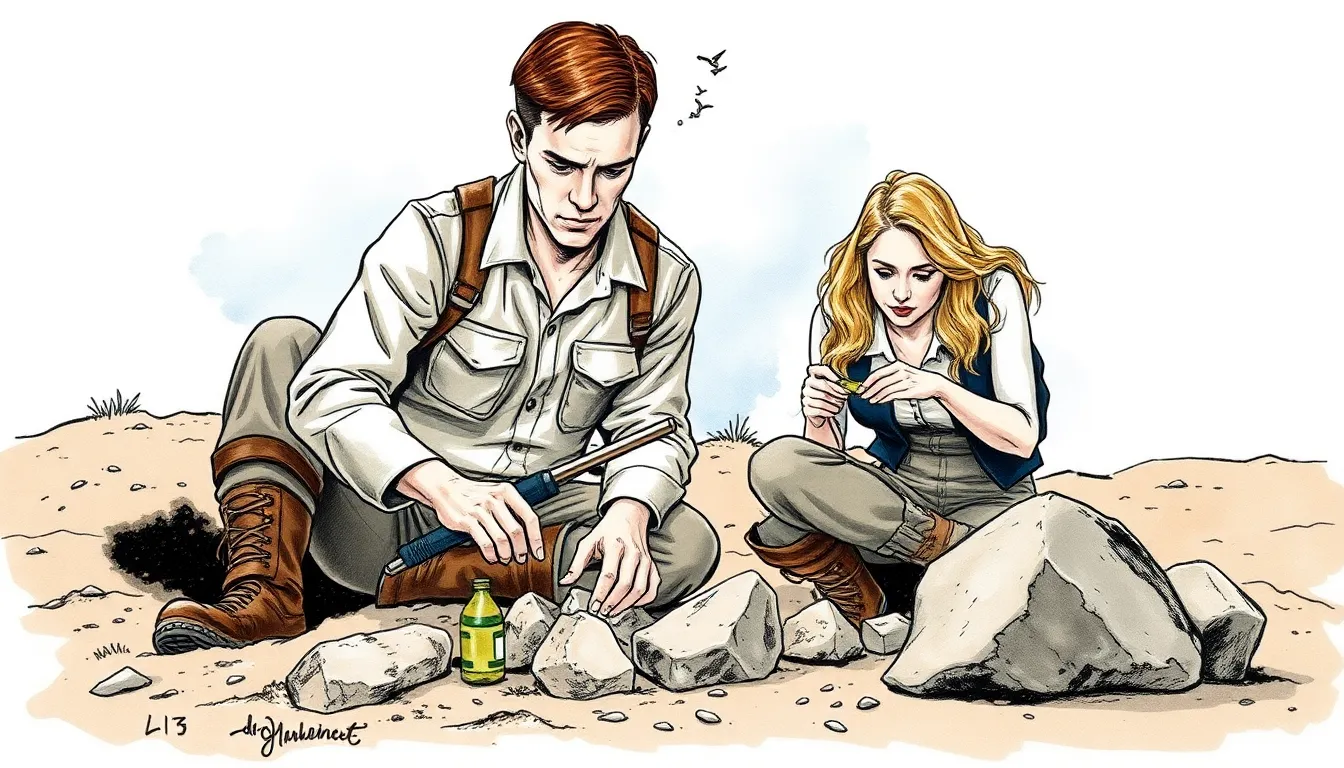 Illustration des premières fouilles sous le désert, avec Antoine Morel et Claire Dumont examinant des artefacts et des couches géologiques