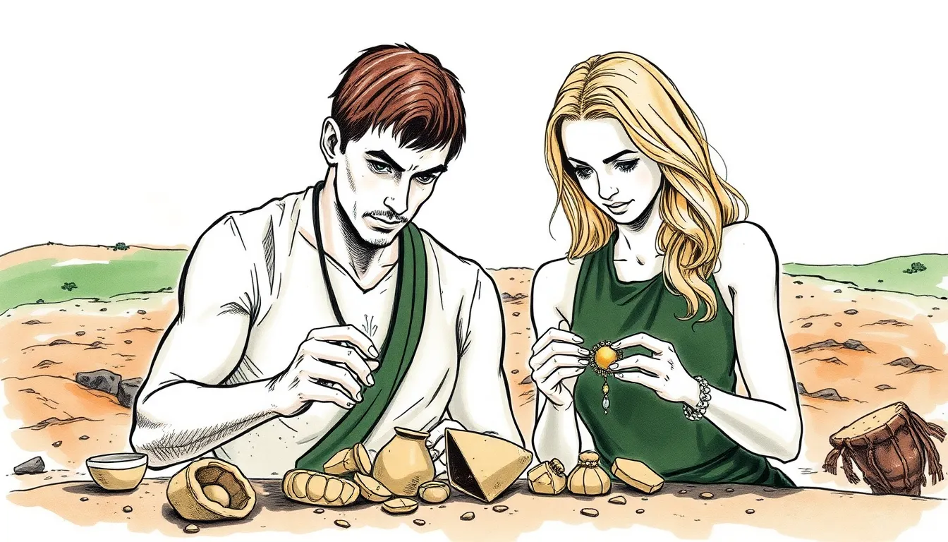 Illustration d’Antoine et Claire analysant des artefacts anciens sous un ciel désertique