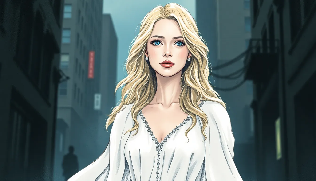 Illustration d'Éloïse, être de lumière, au cœur de la ville sombre.