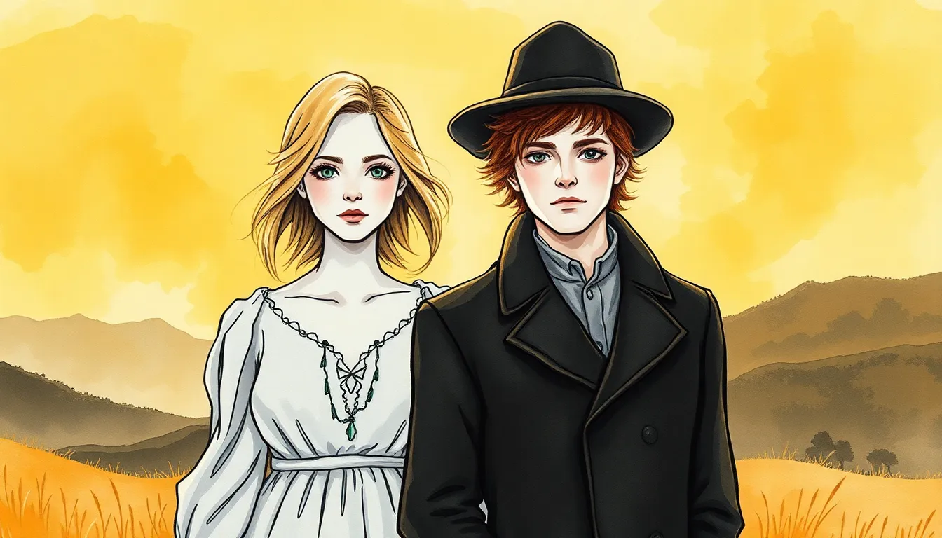 Illustration d'Élise et Gabriel dans un paysage onirique doré