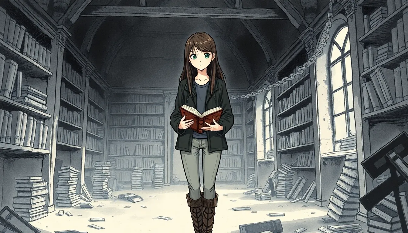 Emma découvre un livre ancien dans les ruines d'une bibliothèque abandonnée