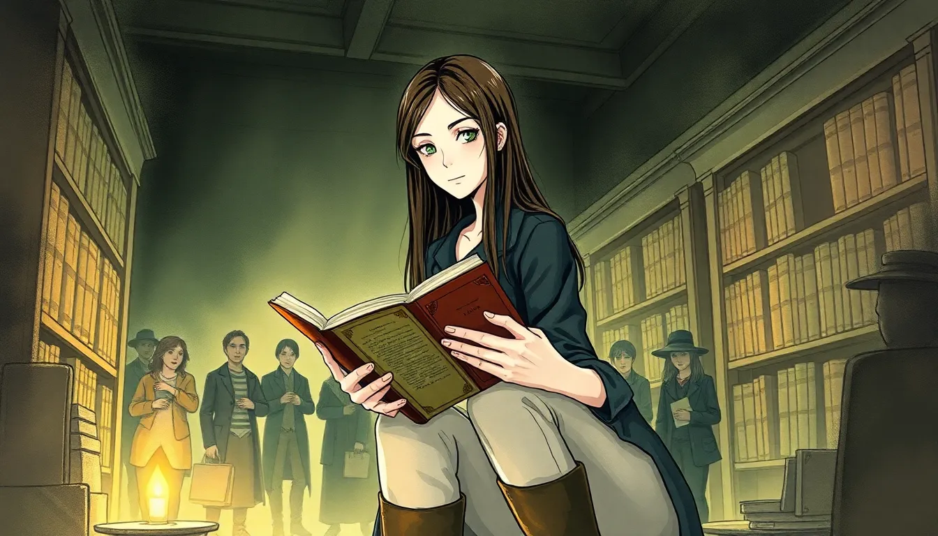 Emma lisant un livre ancien entourée d’un petit groupe attentif, dans une bibliothèque aux lumières tamisées