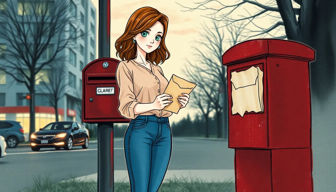 Clara tenant une lettre mystérieuse devant une boîte aux lettres en ville au crépuscule