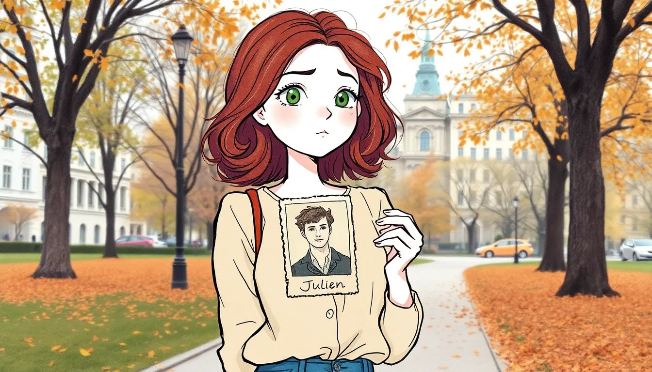 Clara tenant une photo fanée de Julien dans un parc en automne