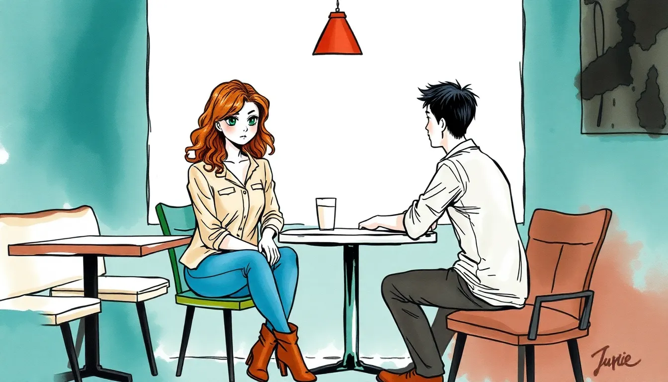 Clara et Julien assis dans un café, échangeant un regard chargé d'émotions.