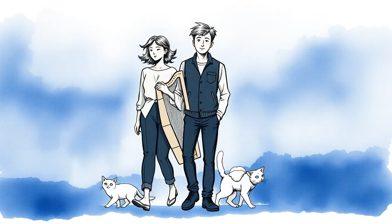 Aude et Lucien quittant un lieu de répétition à l'aube, la harpe en étui et le chat Nuit en tête