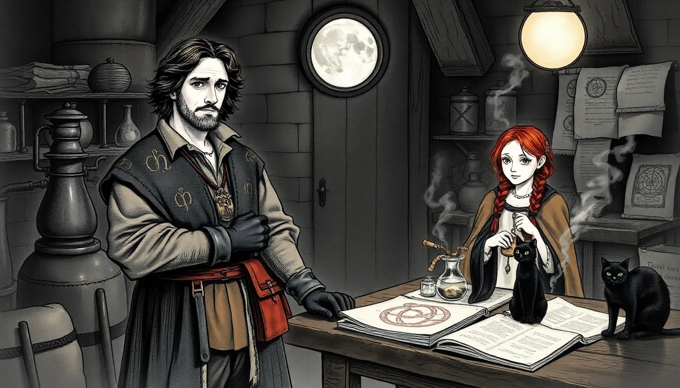 Illustration de l'atelier nocturne de l'alchimiste sous la lune