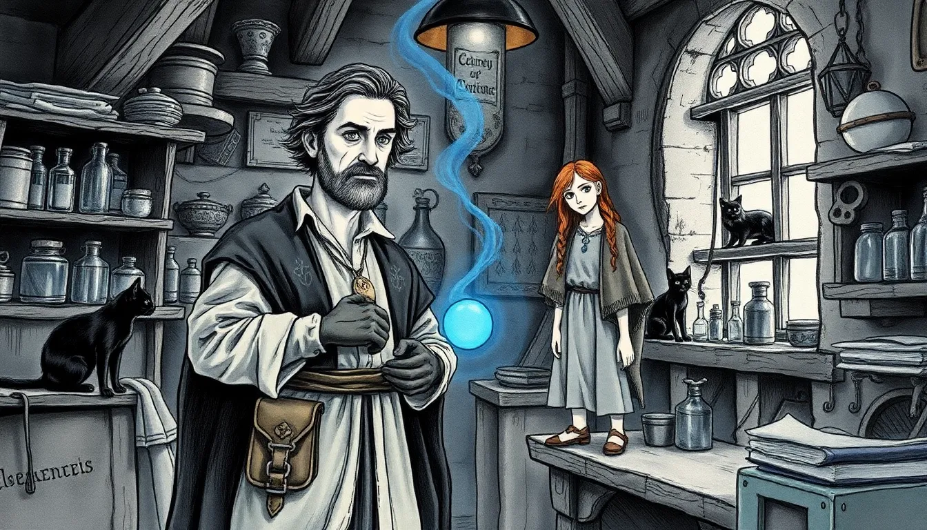 Illustration de l'atelier d'alchimie : une fiole prenant une teinte azur sous une lueur bleutée