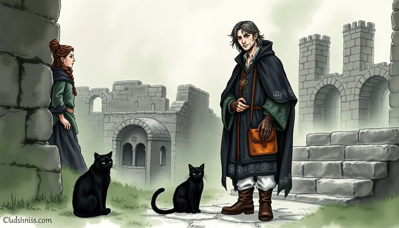 Illustration de la rencontre entre l'alchimiste et l'ermite, ruines et brume