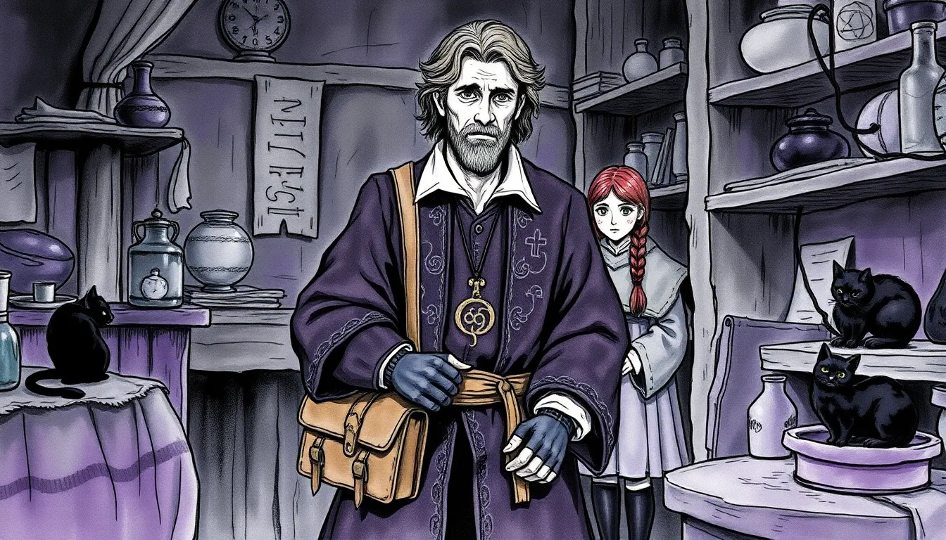Illustration de l'alchimiste isolé dans son atelier, entouré de fioles et de regards accusateurs
