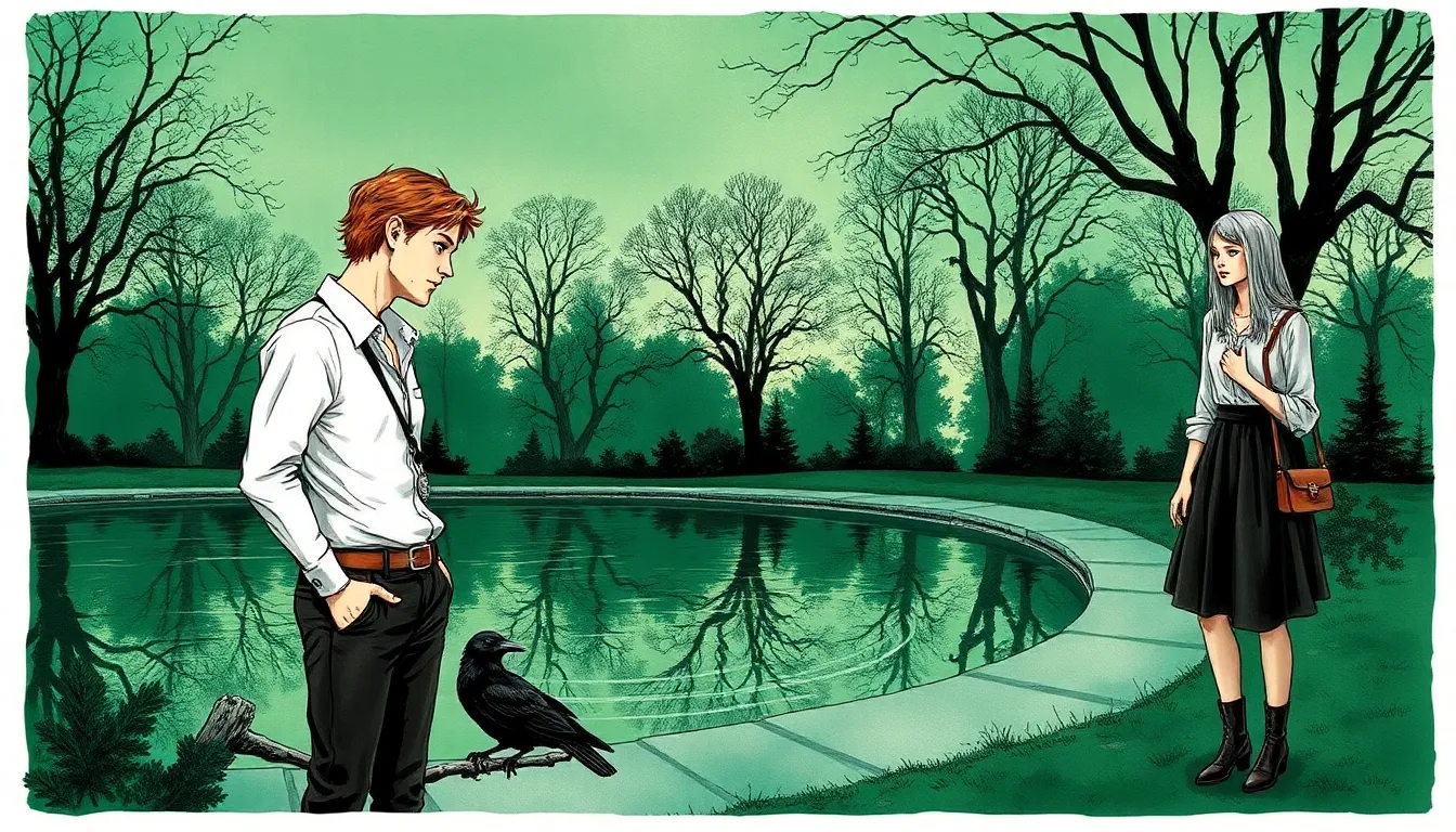 Illustration : Alexandre contemple son reflet multiple dans un bassin au crépuscule