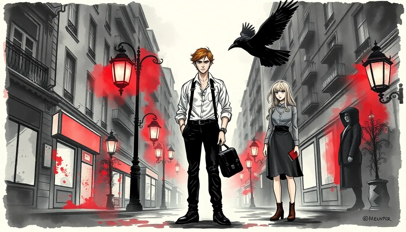 Illustration : rues de la ville envahies par des éléments oniriques, Alexandre au centre, hésitant