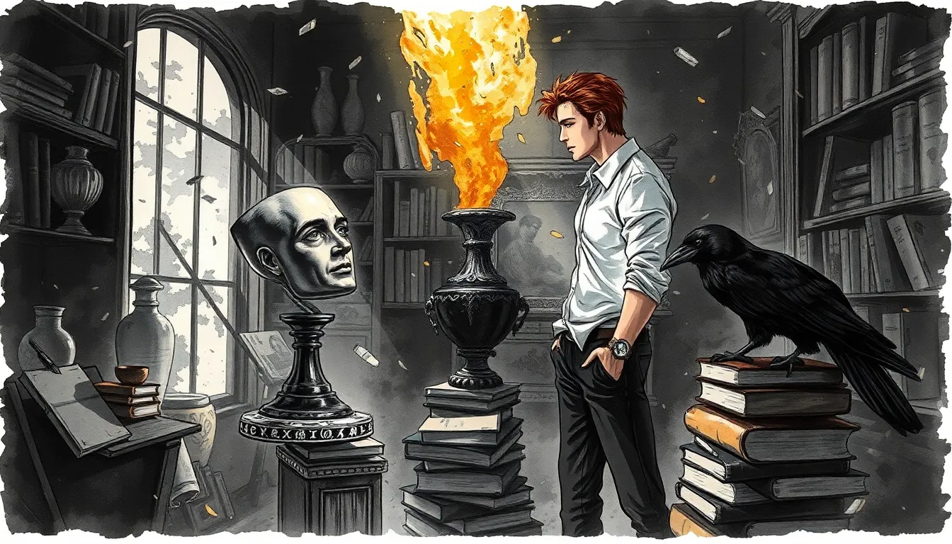 Illustration de la confrontation d'Alexandre avec le masque dans la boutique d'antiquités