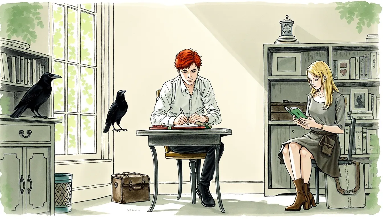 Illustration du chapitre : Alexandre écrivant à son bureau, Elise près de lui, fragments du masque rangés sur une étagère